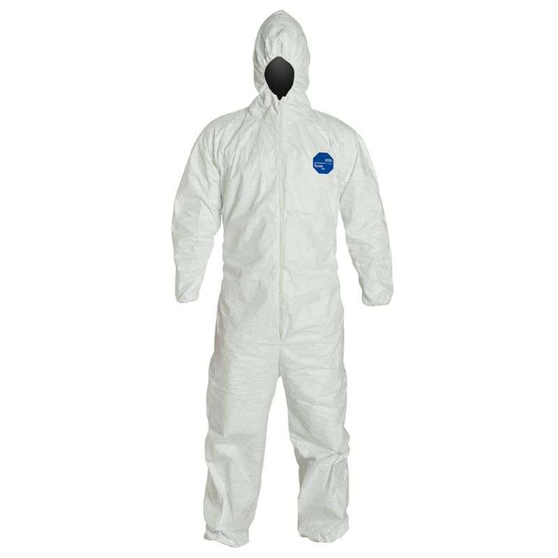 TY127S Series Coverall with Attached Hood, Zip Front and Elastic Wrists and Ankles, White, Large, 25 per Case